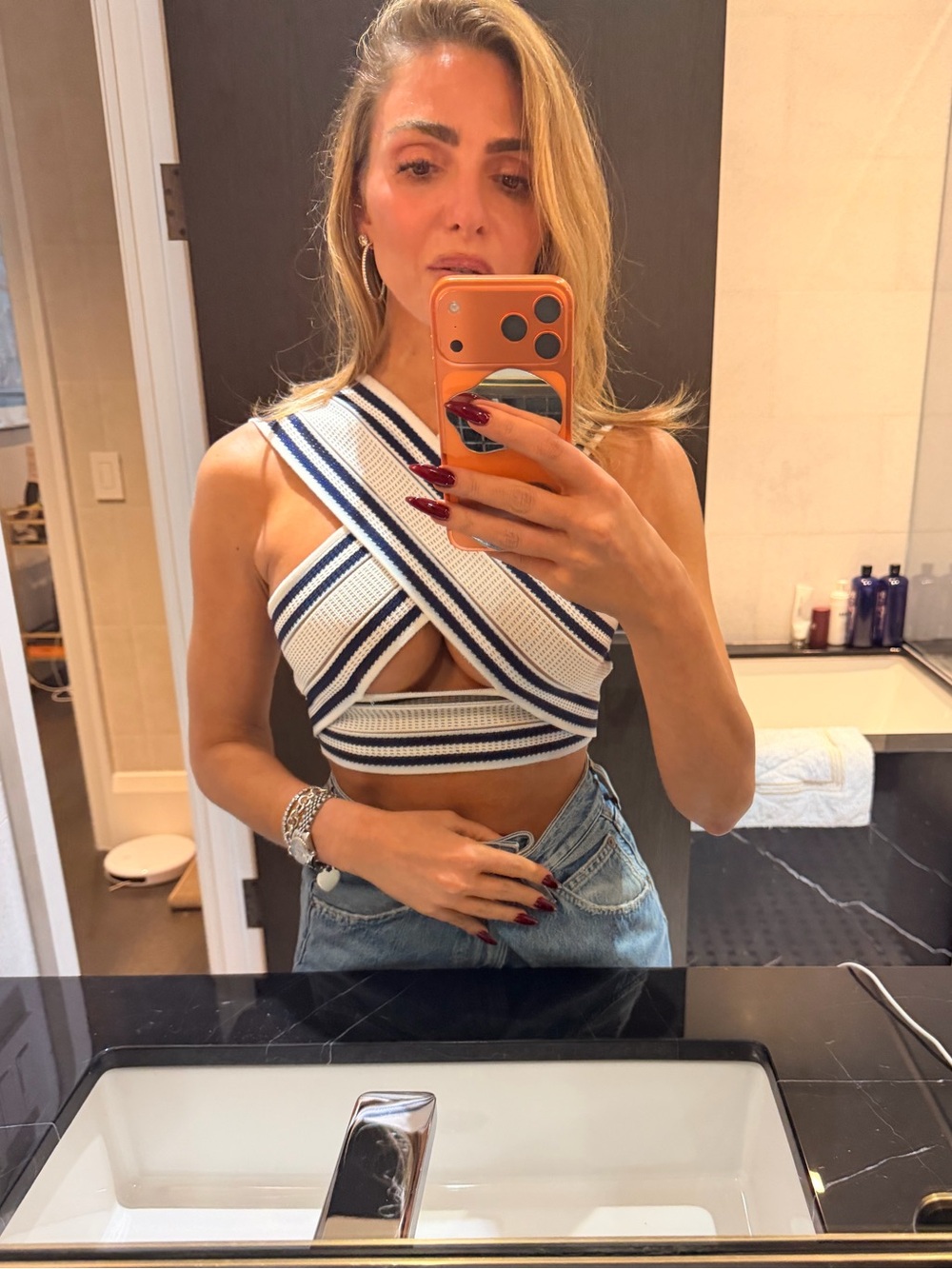 BALMAIN Striped Cross-Front Knit Crop Top - White & Navy GOLD ZIP Sz 34 36 - Picture 2 of 14